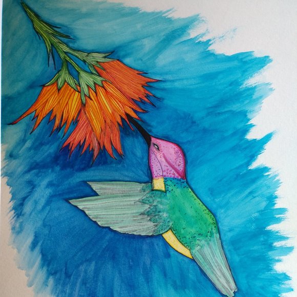 Painting Hummingbird and Flowers Watercolors Ink - Picture 13 of 16